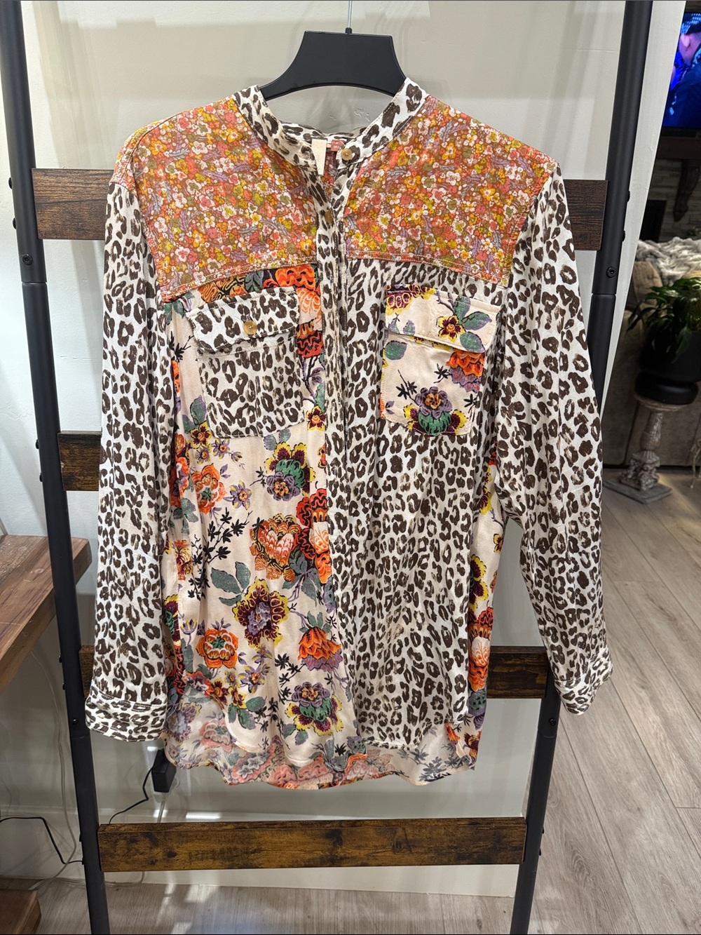 Pilcro Mixed-Print Button-Down Blouse in Cream, Orange & Brown